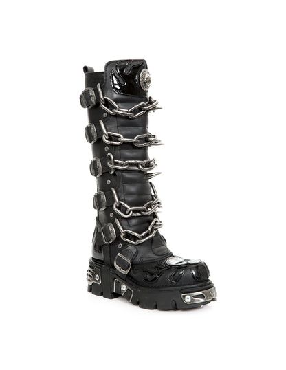 Black boot with chain details on a white background