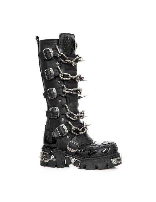 Black gothic-style boot with metal buckles and spikes on a white background