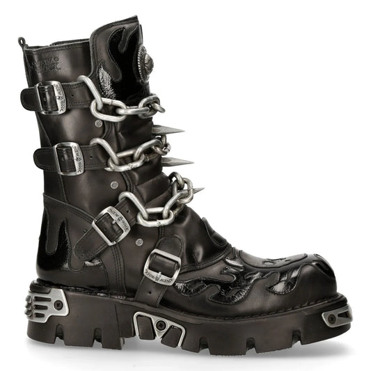 Black leather boots with metal buckles and chains on a white background