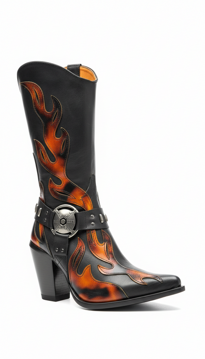 Black cowboy boot with orange flame design and silver buckle on a white background