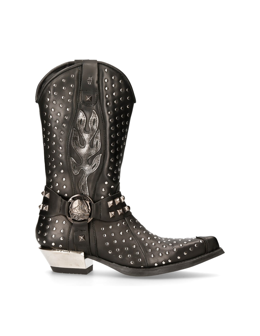 Black studded cowboy boot with decorative buckle on a white background