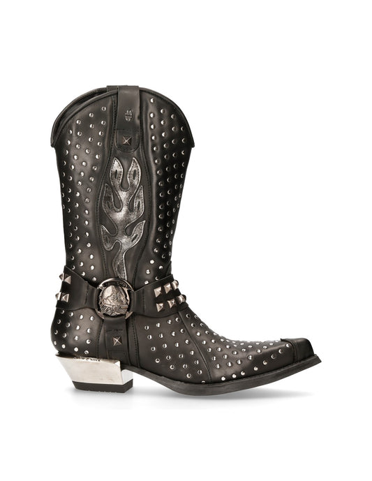 Black studded cowboy boot with decorative buckle on a white background