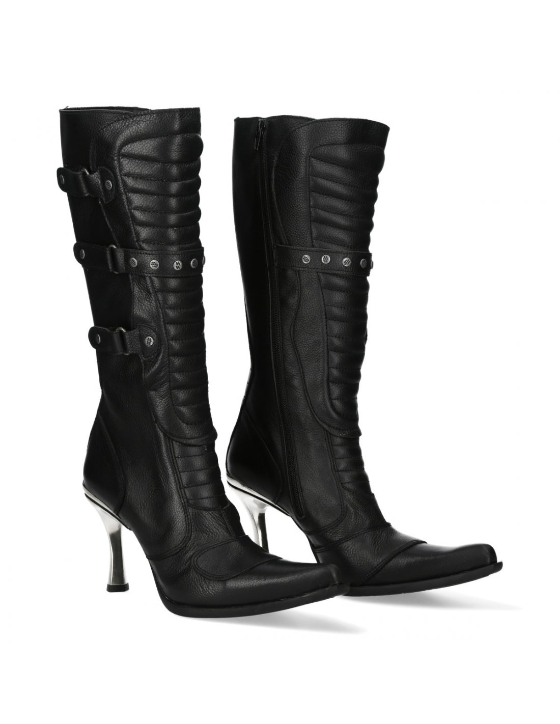 Black knee-high boots with high heels on a white background