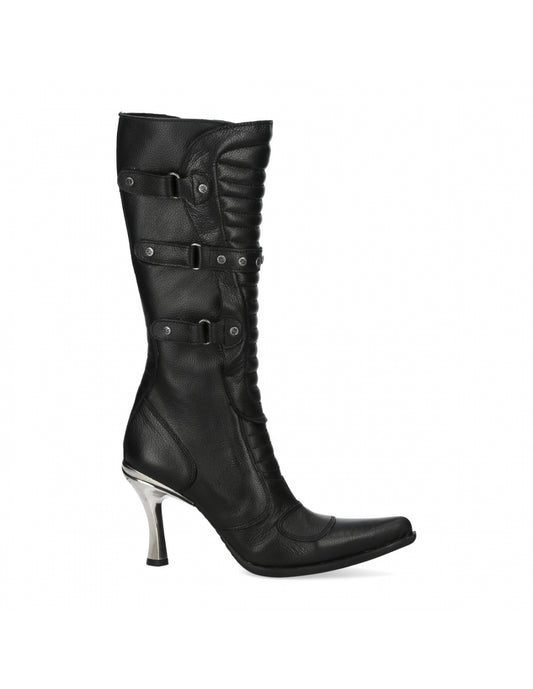 Black knee-high boot with high heel on a white background