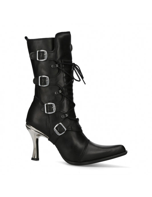 Black leather boot with buckles on a white background
