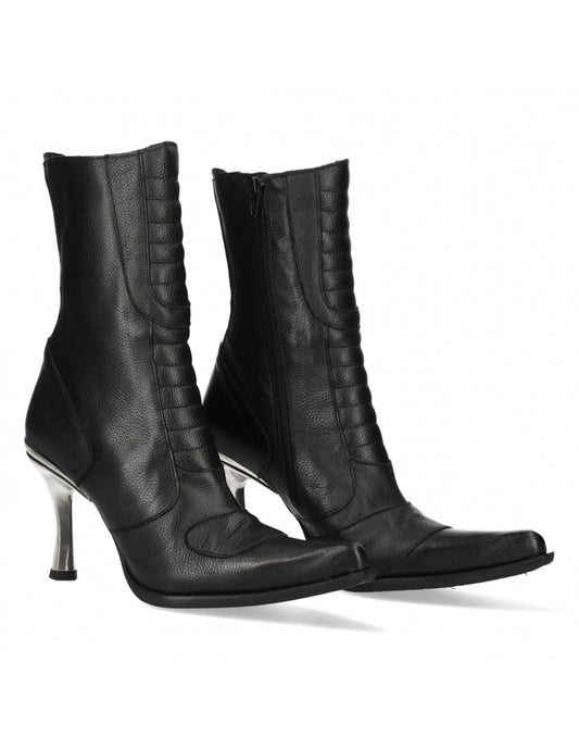 Black leather high-heeled boots on a white background