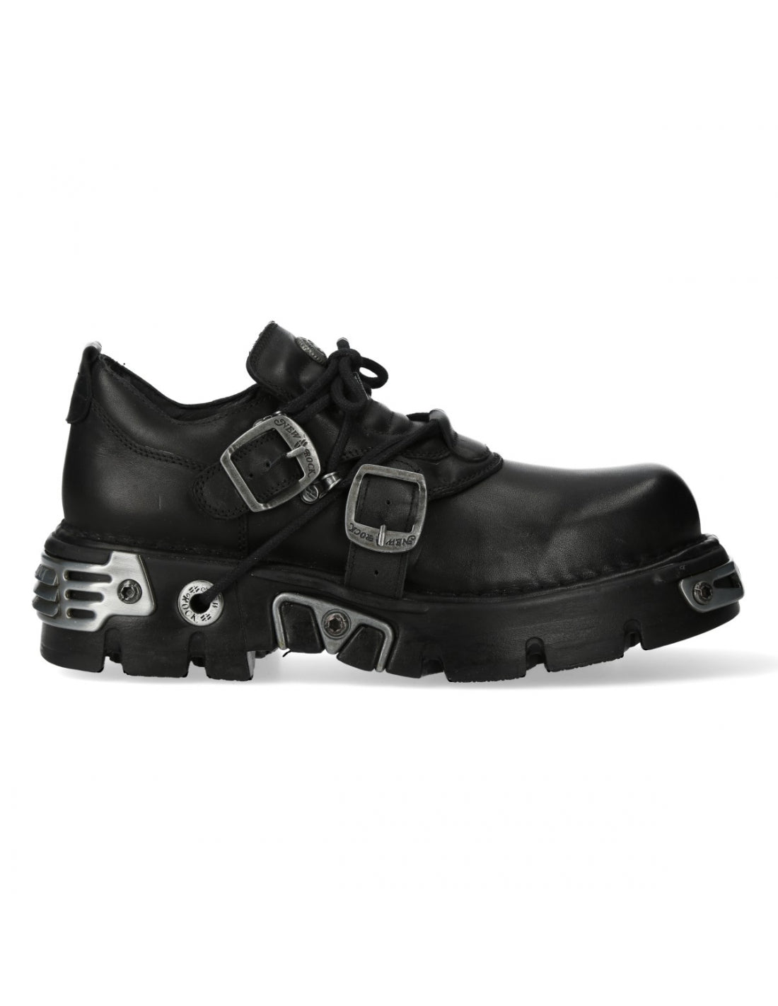 Black leather shoes with metal buckles and sole designs on a white background