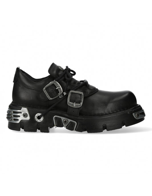Black leather shoes with metal buckles and sole designs on a white background