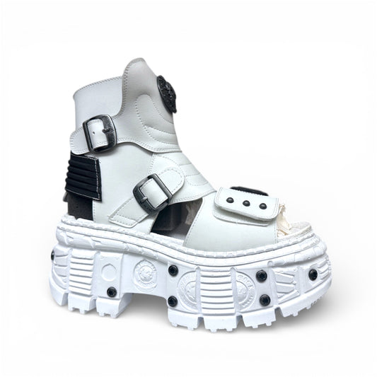 White high-top sneaker with black accents on a white background