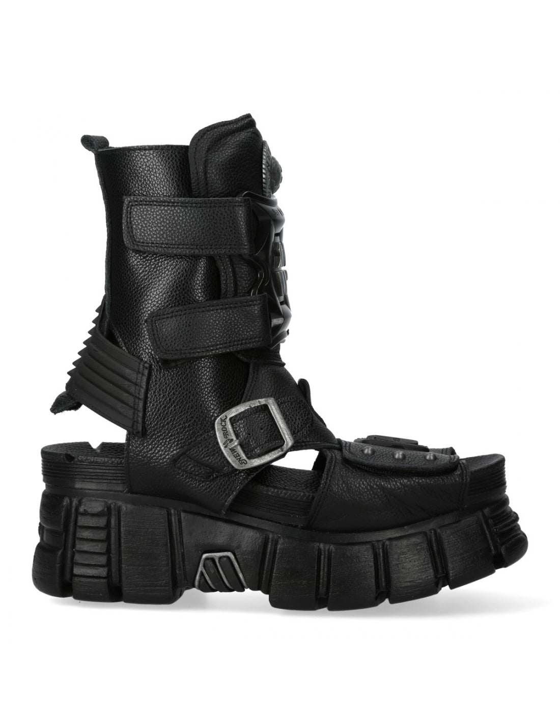 Black high-top boots with buckle details on a white background
