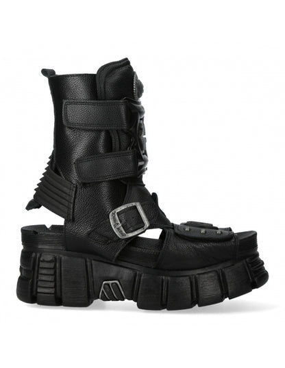 Black high-top boots with buckle details on a white background