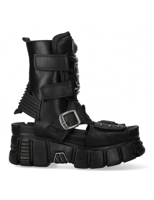 Black high-top boots with buckle details on a white background