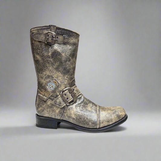 Brown leather boot with buckles on a white background