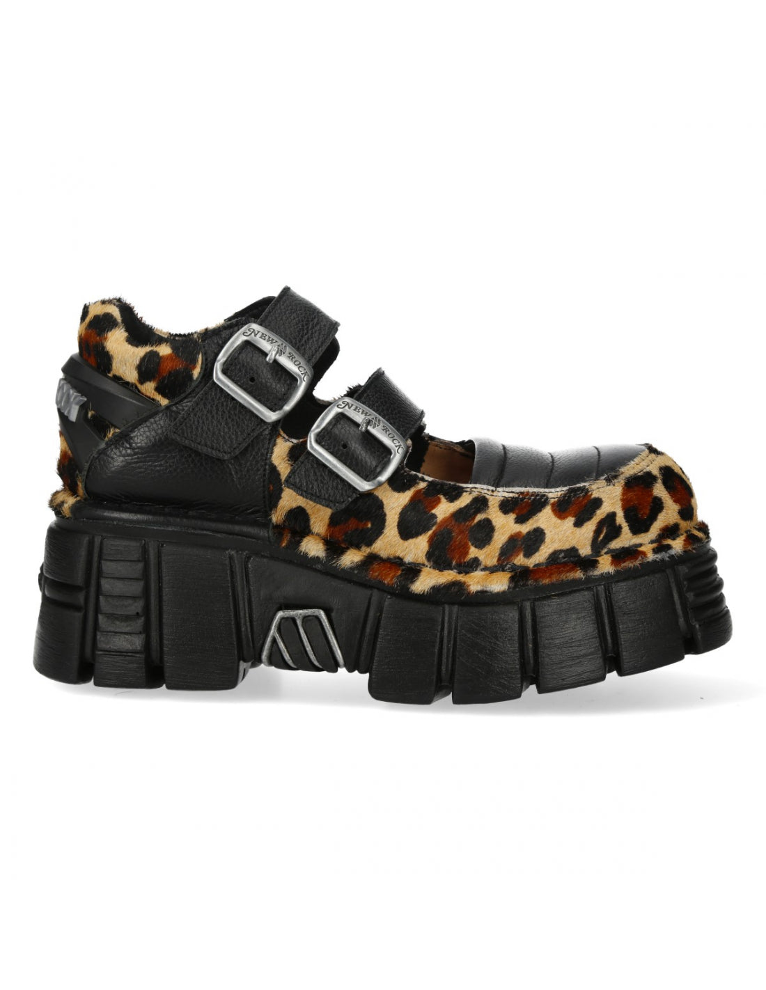 Black platform shoes with leopard print fur and silver buckles on a white background