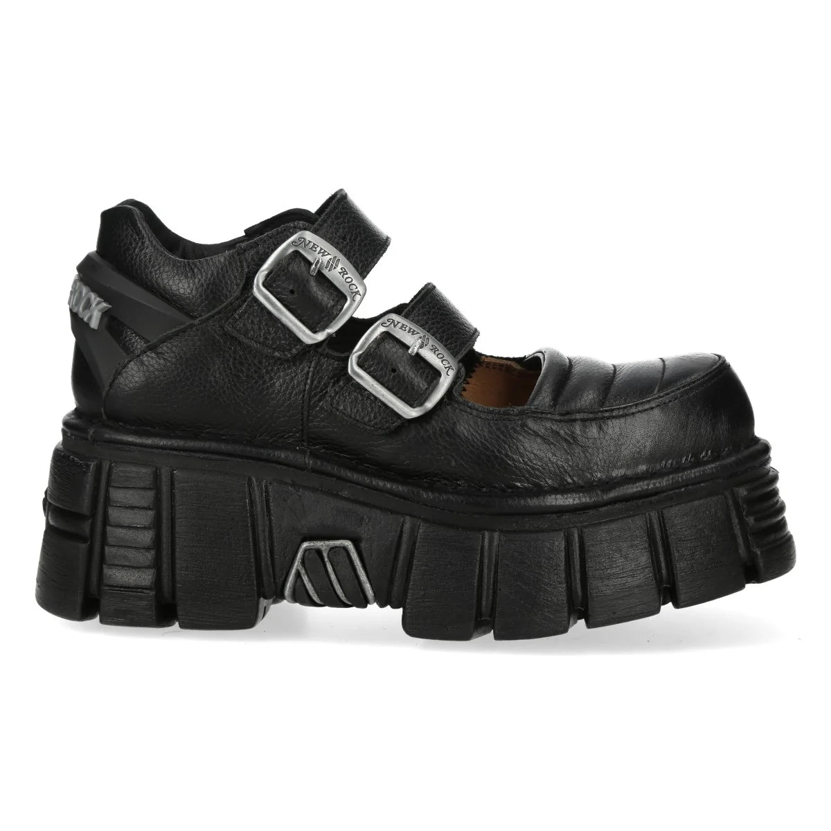 Black platform shoe with buckles on a white background