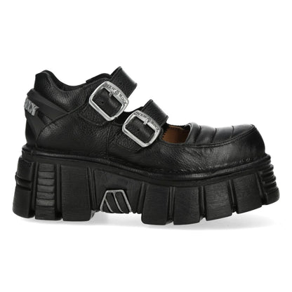Black platform shoe with buckles on a white background