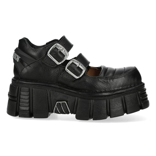 Black platform shoe with buckles on a white background