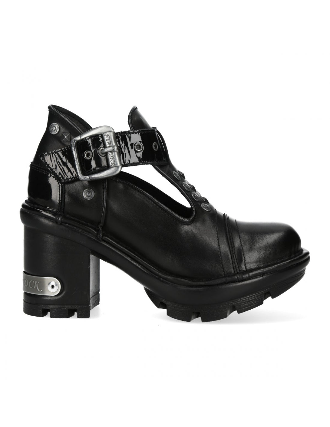 Black leather shoe with a buckle on a white background