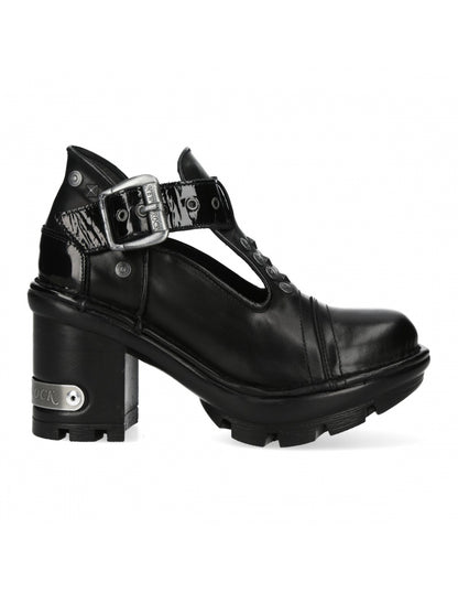 Black leather shoe with a buckle on a white background