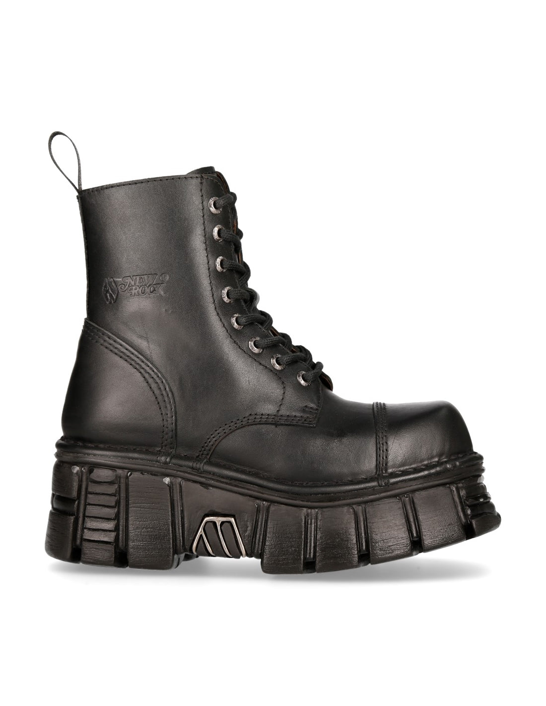 Black leather boot with a thick sole on a white background