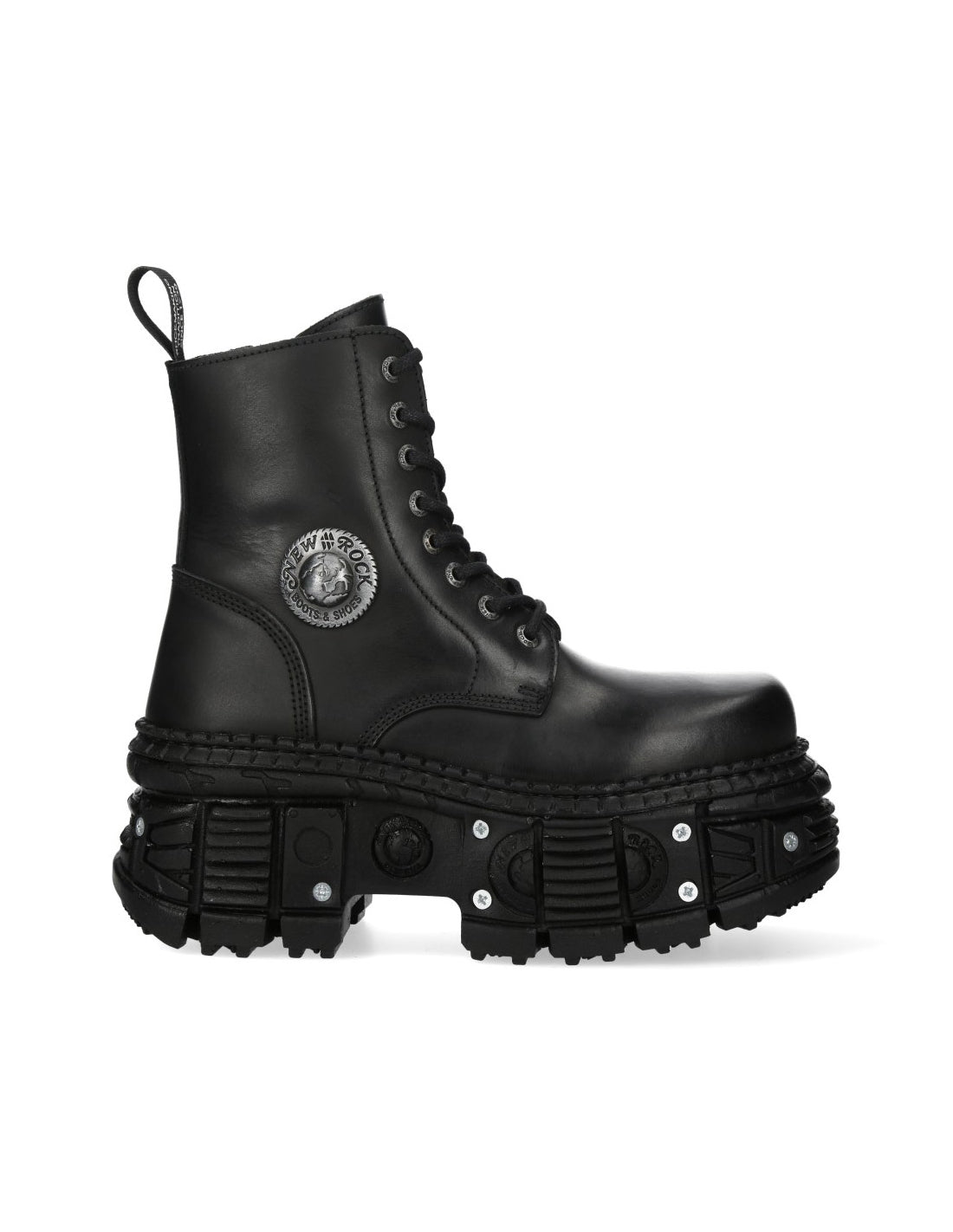Black boot with unique sole design on a white background
