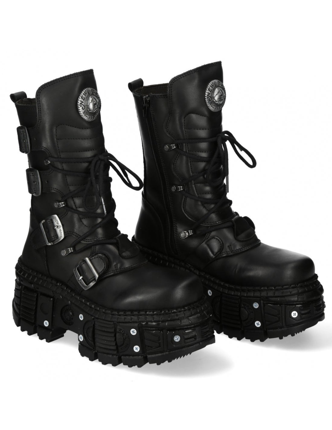 Pair of black combat boots with buckles on a white background