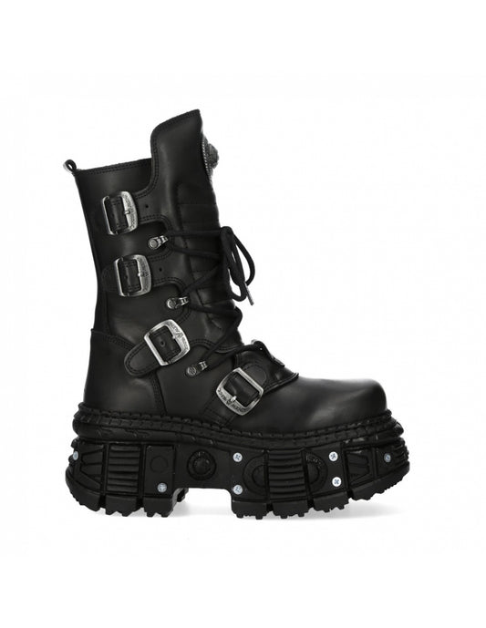 Black boot with multiple buckles on a white background