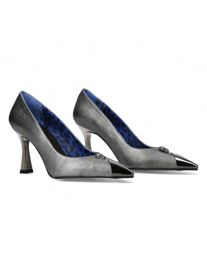 Pair of silver high-heeled shoes with blue interior on a white background