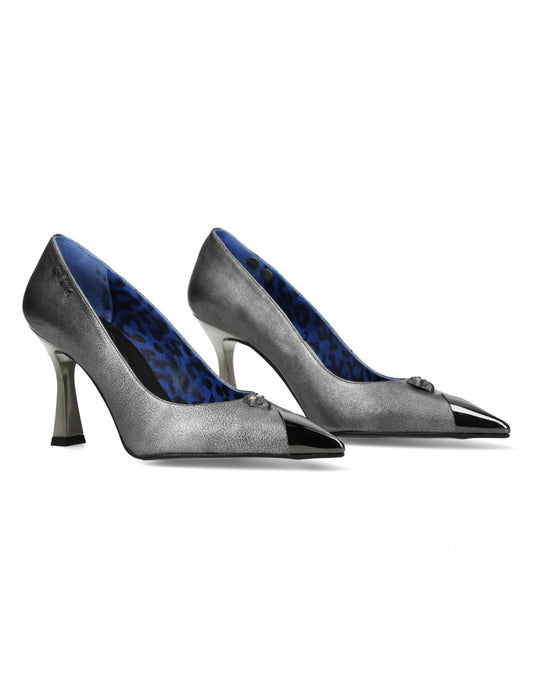 Pair of silver high-heeled shoes with blue interior on a white background
