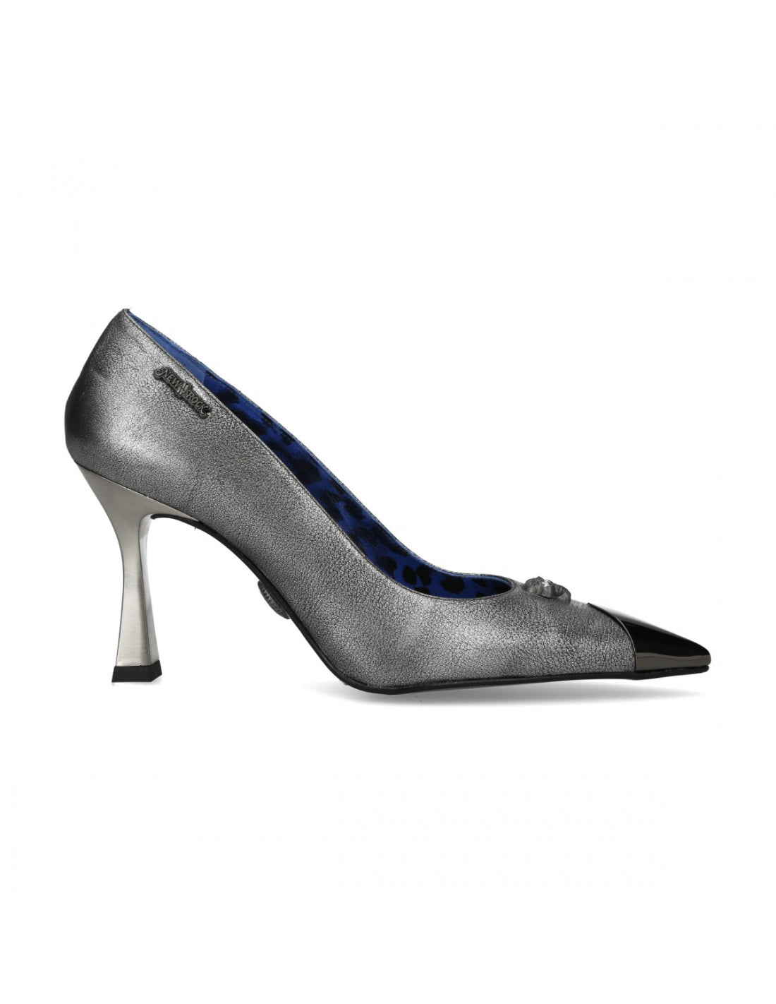 Silver high-heeled shoe with a pointed toe on a white background