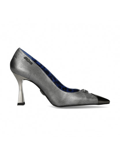 Silver high-heeled shoe with a pointed toe on a white background
