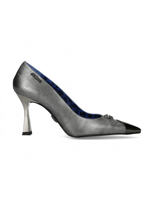 Silver high-heeled shoe with a pointed toe on a white background