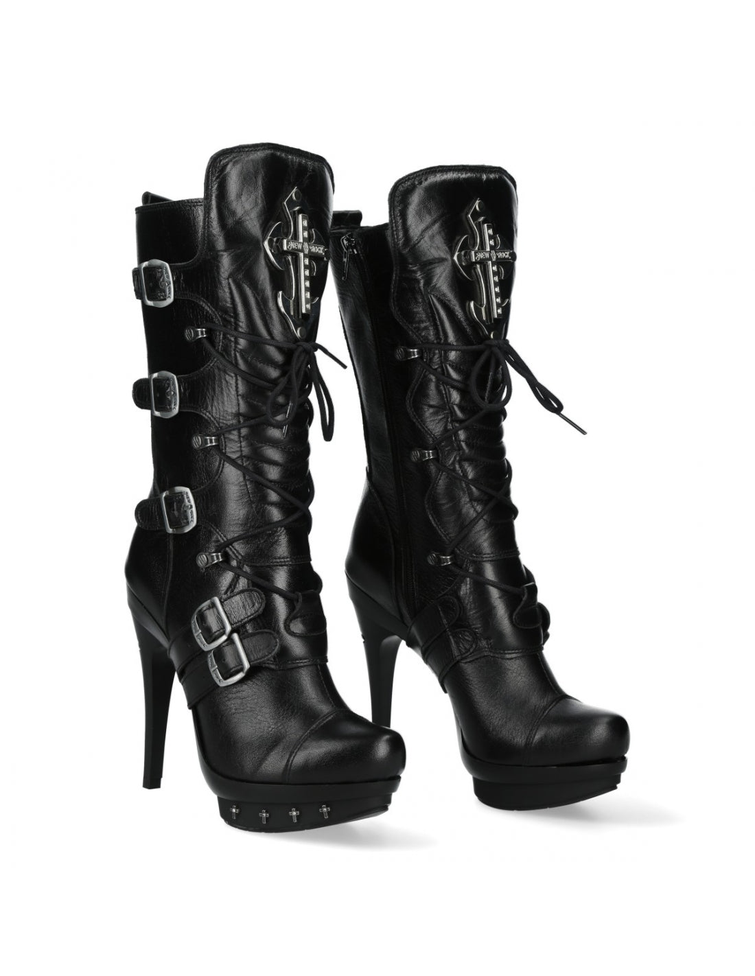 Black high-heeled boots with buckles on a white background