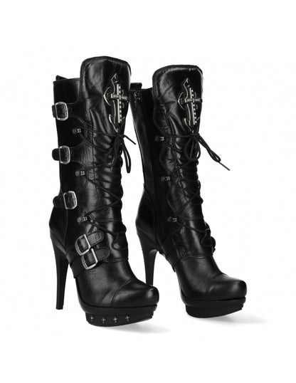 Black high-heeled boots with buckles on a white background