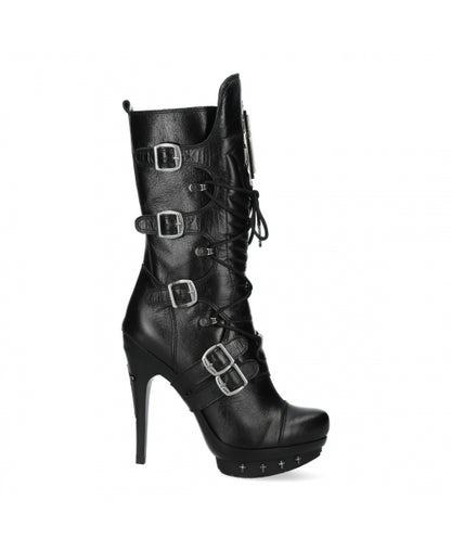 Black high-heeled boots with buckles on a white background