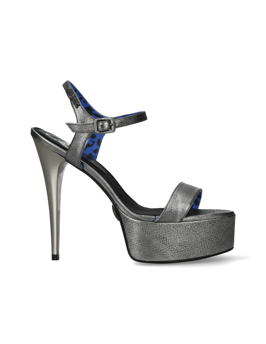 Silver high-heeled sandal with blue interior on a white background