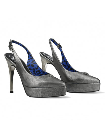 Pair of silver high-heeled shoes with blue leopard print lining on a white background