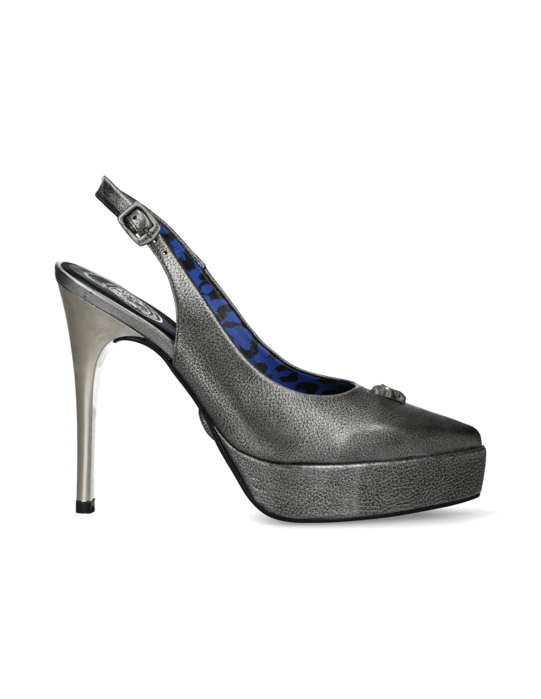Silver high-heeled platform shoe on a white background