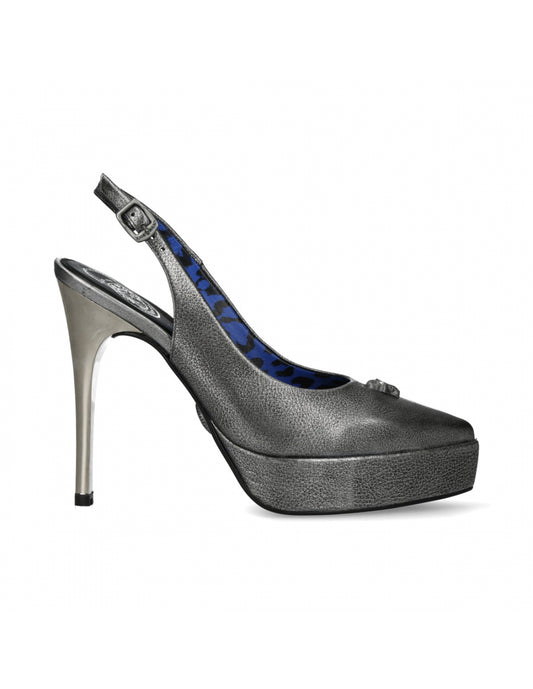 Silver high-heeled platform shoe on a white background