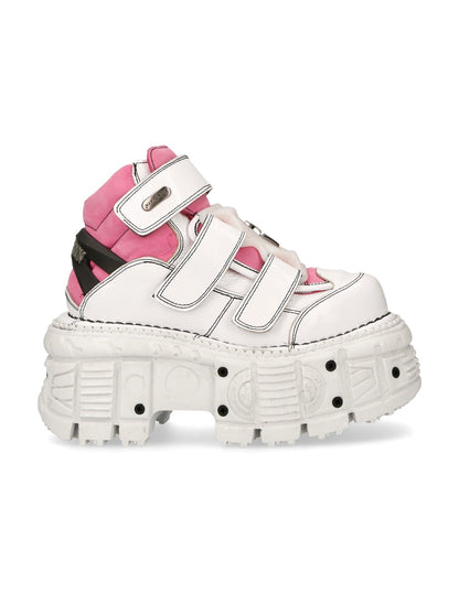 White high-top sneaker with pink accents on a white background