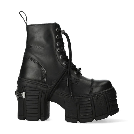 Black leather boot with thick sole on a white background