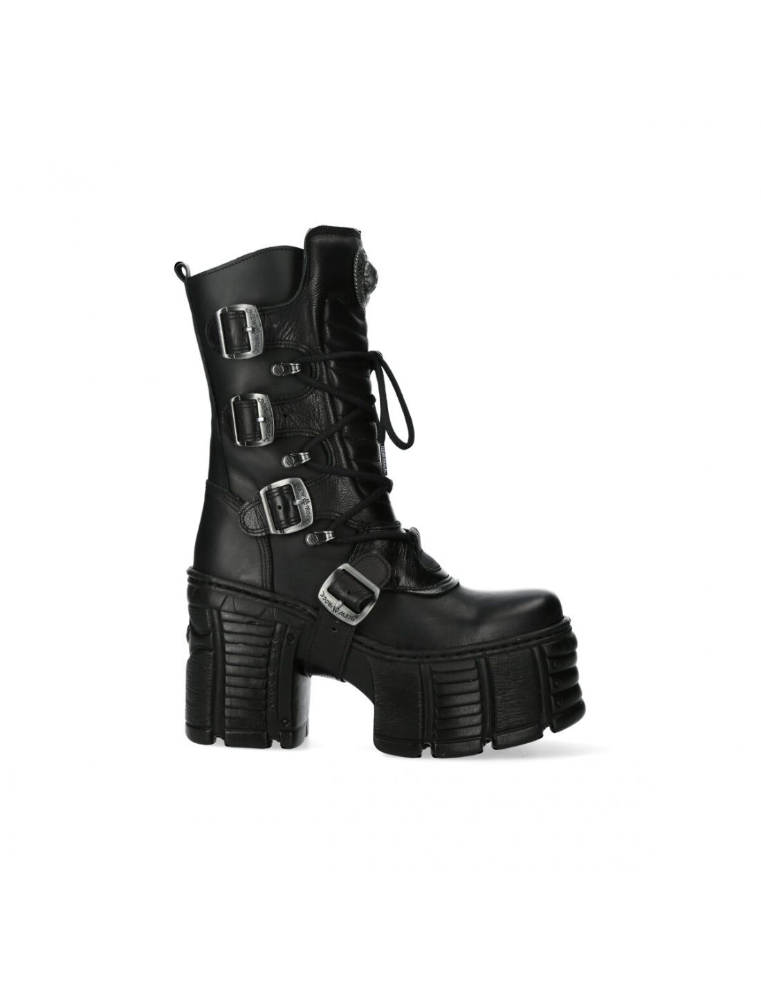 Black platform boot with multiple buckles on a white background