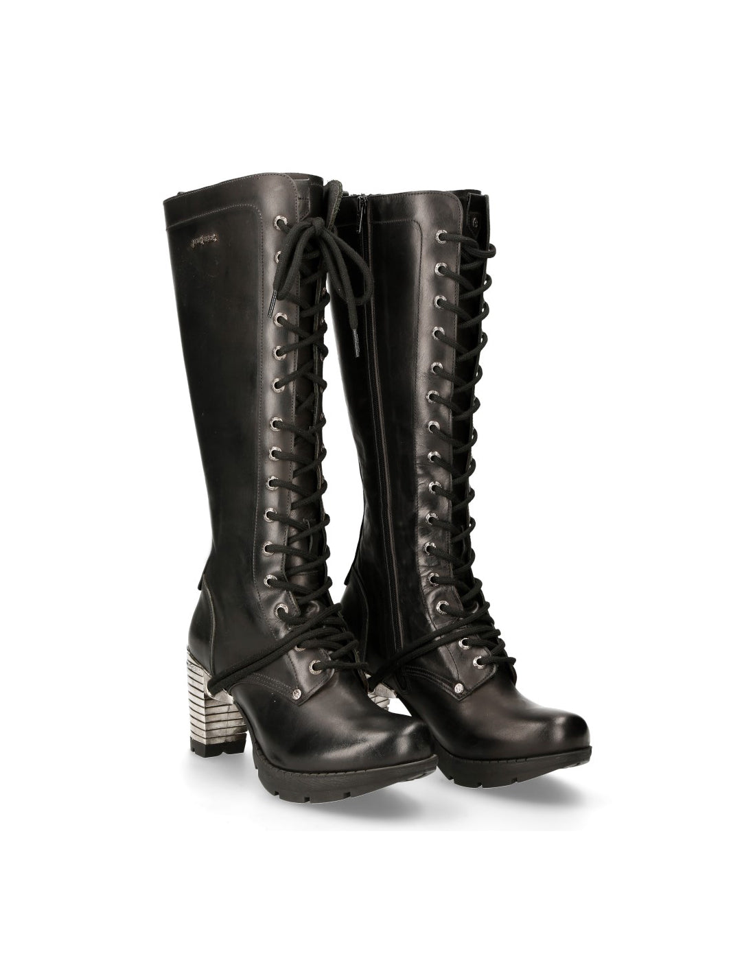 Black knee-high boots with detailed design on a white background