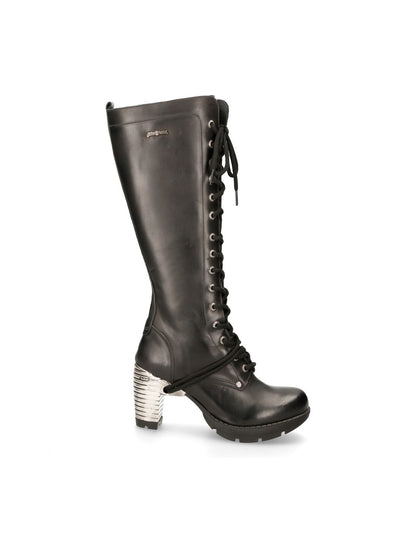 Black knee-high boot with silver heel on a white background