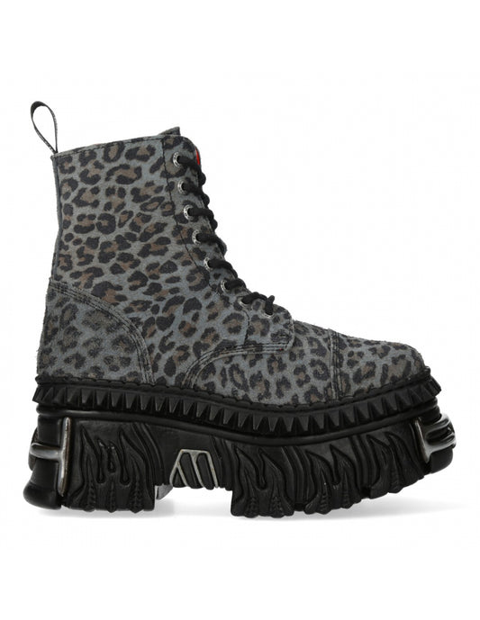 Gray leopard print boot with a thick black sole on a white background