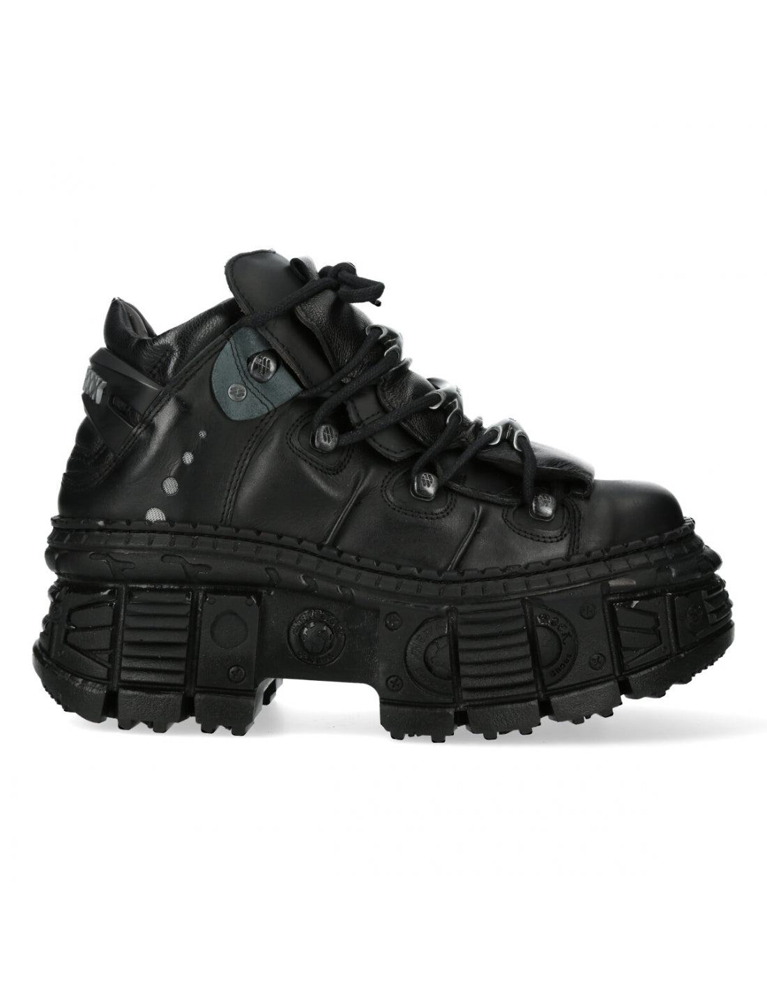 Black high-top sneaker with thick sole on a white background