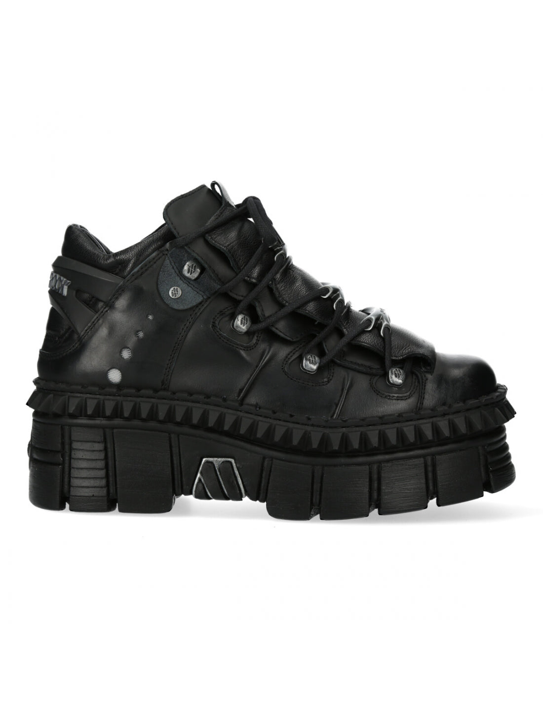 Black high-top sneaker with thick sole on a white background