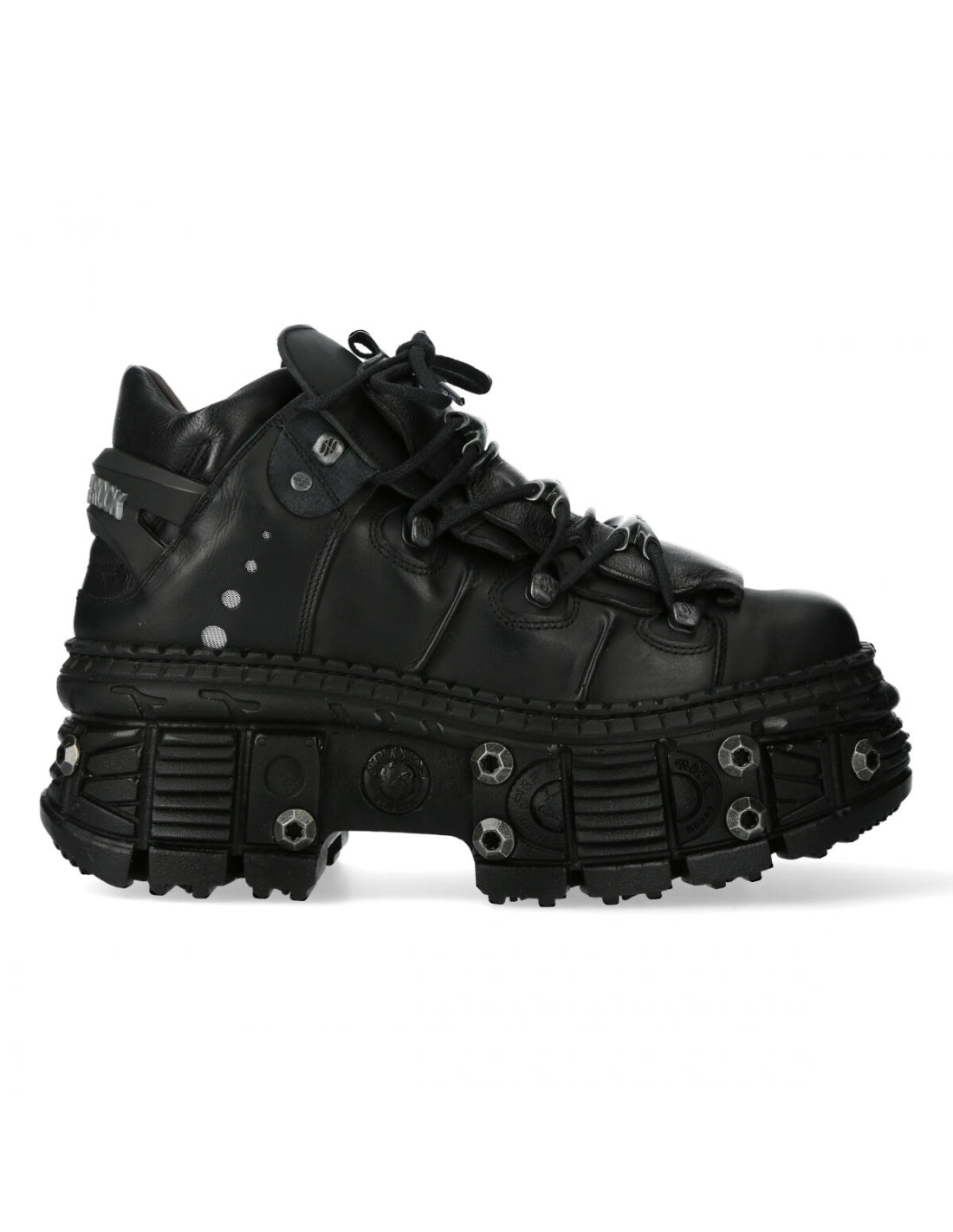 Black high-top sneaker with unique sole design on a white background