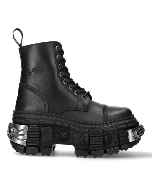 Black leather boot with unique sole design on a white background