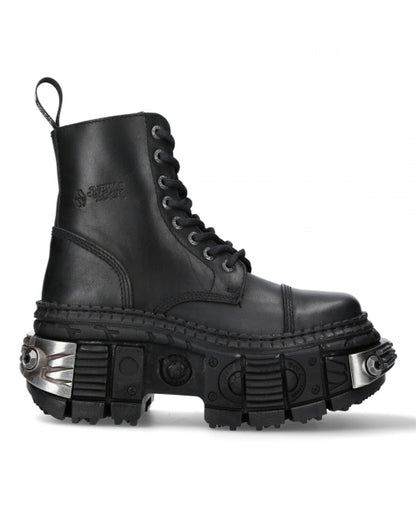 Black leather boot with unique sole design on a white background